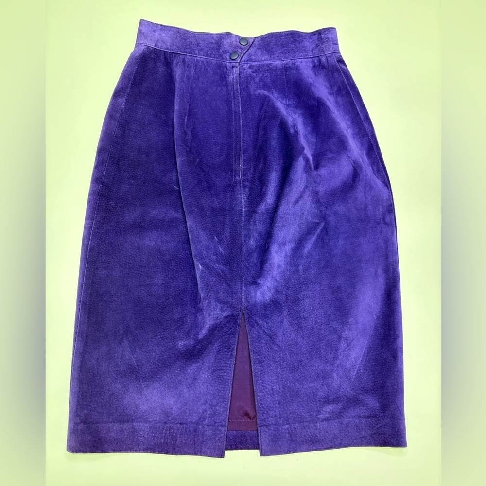 Vintage 80s Purple Suede Leather Pencil Skirt High Waist Slit Statement Size 8 - Picture 2 of 10